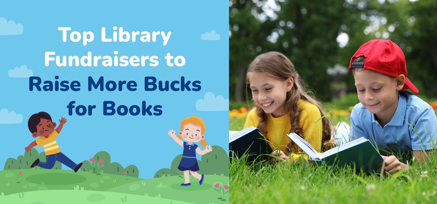 The article's title, "Top Library Fundraisers to Raise Bucks for Books", beside two children reading in a park.